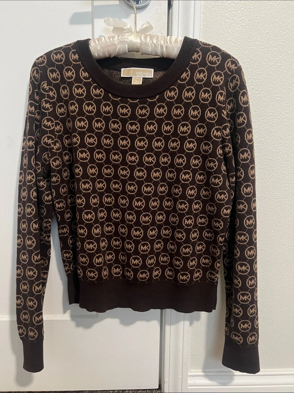 Michael Kors Brown and Tan Logo-Print Crewneck Sweater